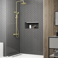 Galedo Colonne de douche thermostatique avec pommeau + douchette 2 jets + flexible + barre réglable, doré brossé, Arty* Colonne De Douche Thermostatique