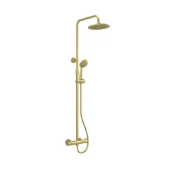 Galedo Colonne de douche thermostatique avec pommeau + douchette 2 jets + flexible + barre réglable, doré brossé, Arty* Colonne De Douche Thermostatique
