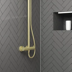 Galedo Colonne de douche thermostatique avec pommeau + douchette 2 jets + flexible + barre réglable, doré brossé, Arty* Colonne De Douche Thermostatique
