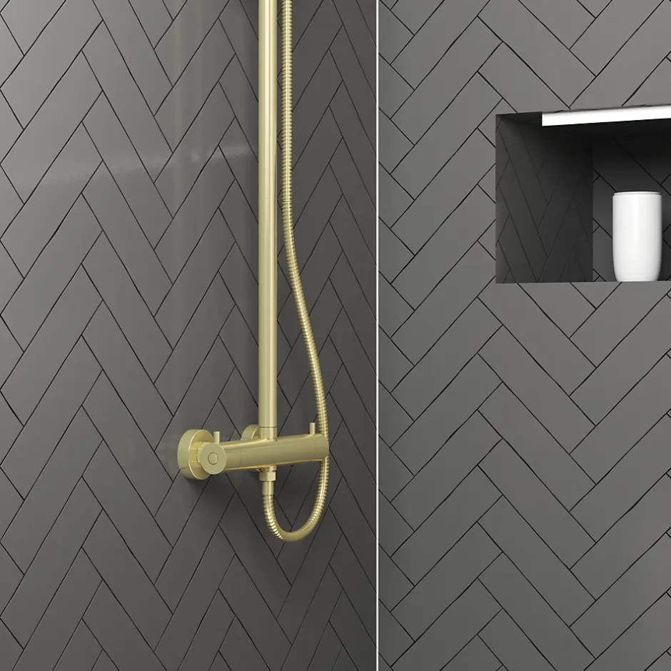 Galedo Colonne de douche thermostatique avec pommeau + douchette 2 jets + flexible + barre réglable, doré brossé, Arty* Colonne De Douche Thermostatique