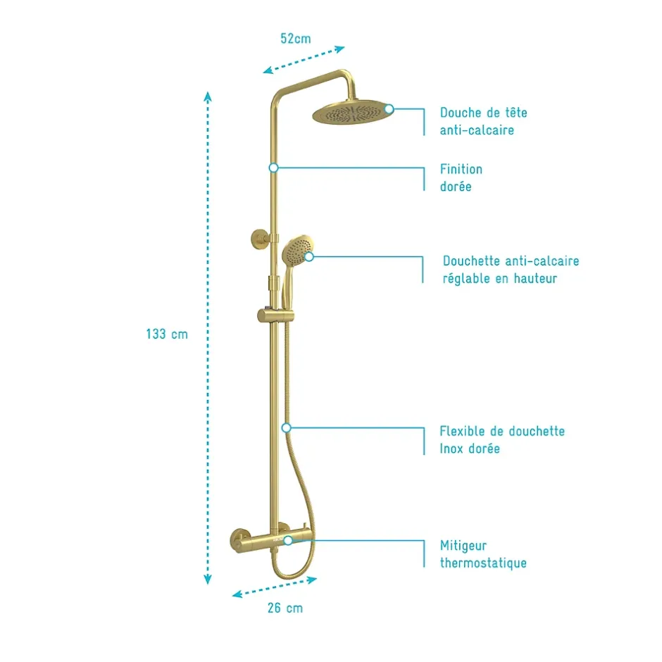 Galedo Colonne de douche thermostatique avec pommeau + douchette 2 jets + flexible + barre réglable, doré brossé, Arty* Colonne De Douche Thermostatique