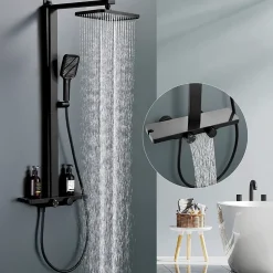 Homelody Colonne de Douche Thermostatique Étagère en Verre avec Cascade Douchette 3 Jets Pommeau de Douche Pluie 300 x 200 mm Noire