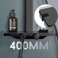 Homelody Colonne de Douche Thermostatique Étagère en Verre avec Cascade Douchette 3 Jets Pommeau de Douche Pluie 300 x 200 mm Noire