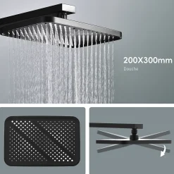 Homelody Colonne de Douche Thermostatique Étagère en Verre avec Cascade Douchette 3 Jets Pommeau de Douche Pluie 300 x 200 mm Noire