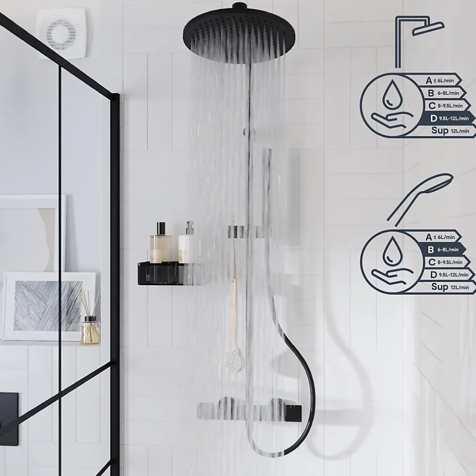 GoodHome Colonne de douche thermostatique avec pommeau, douchette 2 jets, flexible, barre réglable, noir, Levanna
