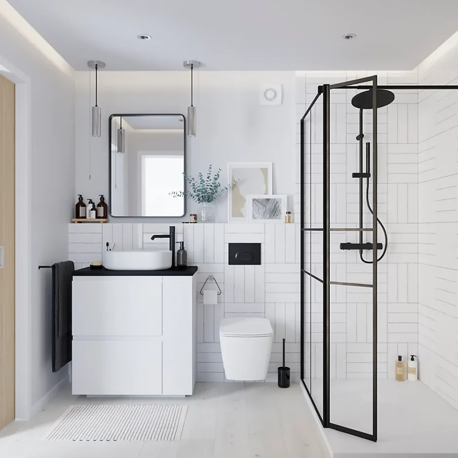 GoodHome Colonne de douche thermostatique avec pommeau, douchette 2 jets, flexible, barre réglable, noir, Levanna