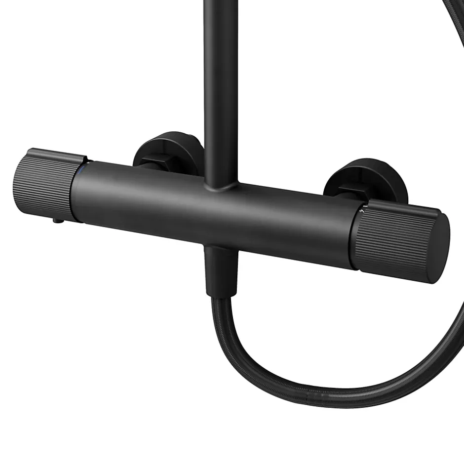 GoodHome Colonne de douche thermostatique avec pommeau, douchette 2 jets, flexible, barre réglable, noir, Levanna