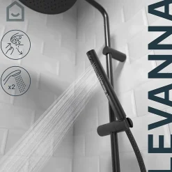GoodHome Colonne de douche thermostatique avec pommeau, douchette 2 jets, flexible, barre réglable, noir, Levanna