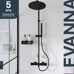 GoodHome Colonne de douche thermostatique avec pommeau, douchette 2 jets, flexible, barre réglable, noir, Levanna