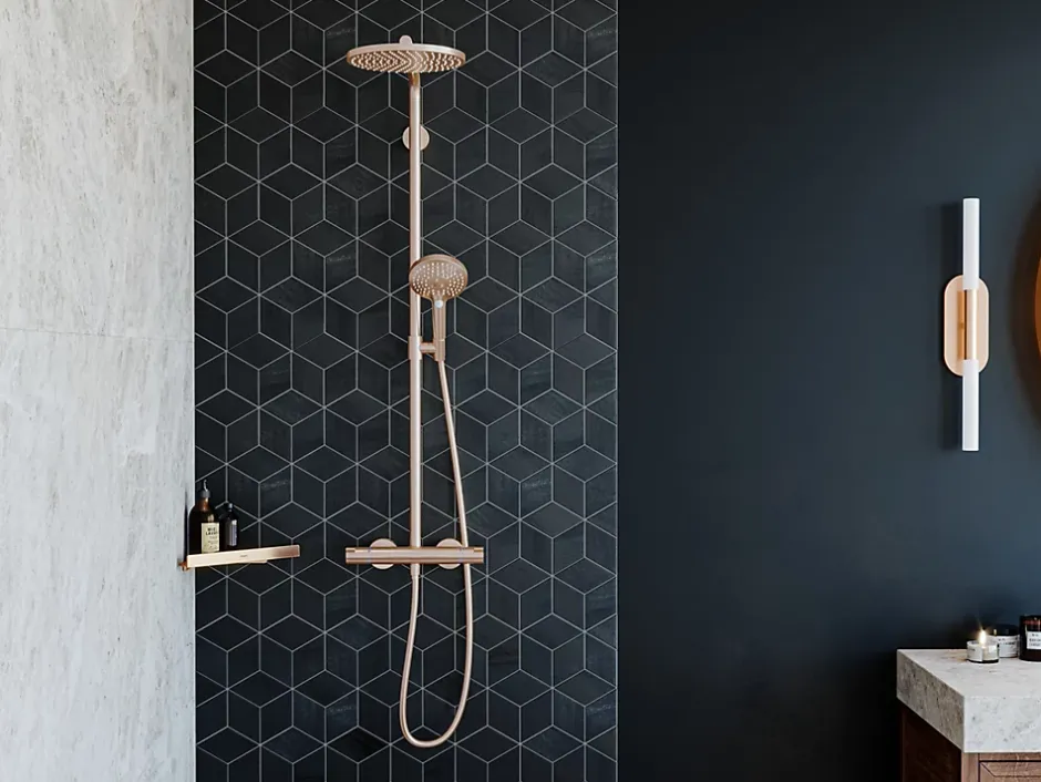 Hansgrohe Colonne de douche thermostatique avec pommeau + douchette 3 jets + flexible + barre réglable, bronze brossé, Select S240 PowderRain