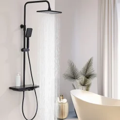 Homelody Colonne de Douche Thermostatique 38C avec Plateau de Rangement de 413mm Ensemble de Douche Noir Comprend une Douche de Tête