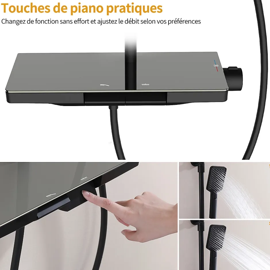 Homelody Colonne de Douche Thermostatique 38C avec Plateau de Rangement de 413mm Ensemble de Douche Noir Comprend une Douche de Tête