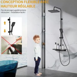 Homelody Colonne de Douche Thermostatique 38C avec Plateau de Rangement de 413mm Ensemble de Douche Noir Comprend une Douche de Tête