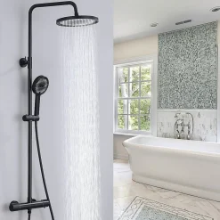 Homelody Colonne de Douche Thermostatique Securite 38C Jet Pluie Hauteur Reglable 1006 a 1206 mm Acier Inoxydable Noir Pour Salle de Bain
