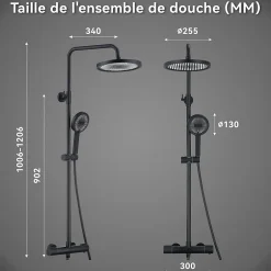 Homelody Colonne de Douche Thermostatique Securite 38C Jet Pluie Hauteur Reglable 1006 a 1206 mm Acier Inoxydable Noir Pour Salle de Bain