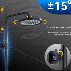 Homelody Colonne de Douche Thermostatique Securite 38C Jet Pluie Hauteur Reglable 1006 a 1206 mm Acier Inoxydable Noir Pour Salle de Bain