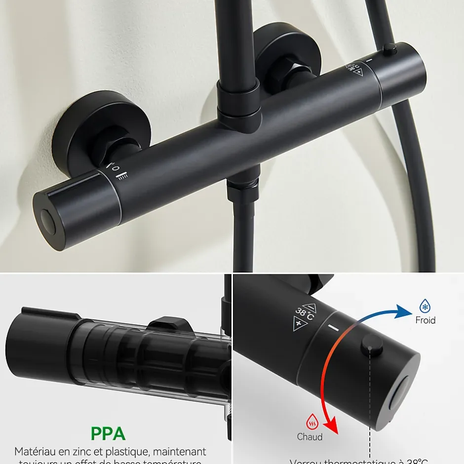 Auralum Max Colonne de Douche Thermostatique avec mitigeur , Ensemble de Douche Noir, Douche avec Tête de Douche de 12 pouces