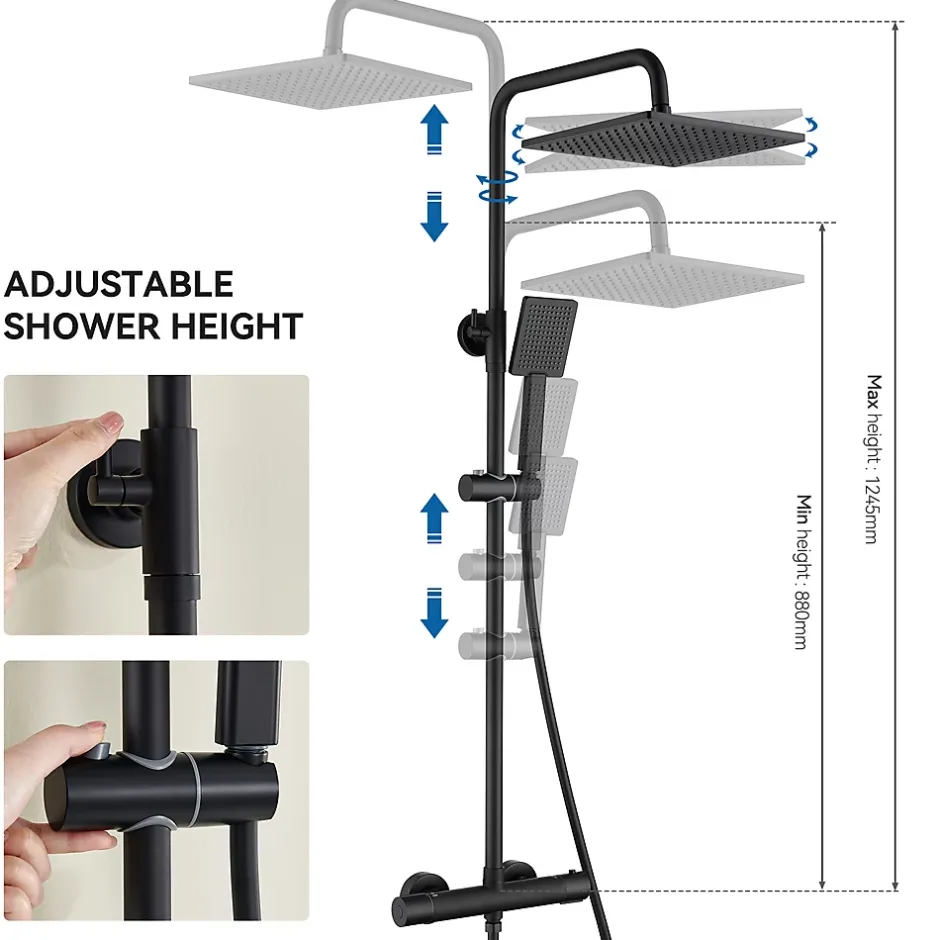 Auralum Max Colonne de Douche Thermostatique avec mitigeur , Ensemble de Douche Noir, Douche avec Tête de Douche de 12 pouces