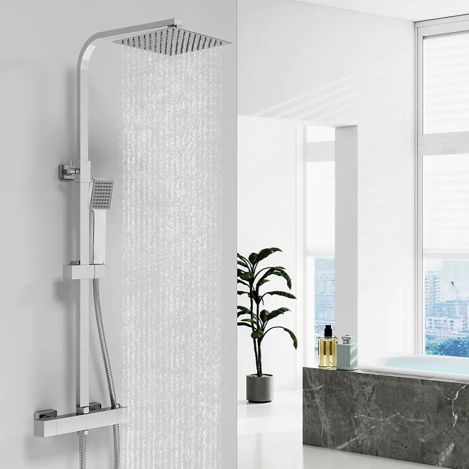 AICA Sanitaire Colonne de douche thermostatique avec pomme de tête, douchette et flexible, Carré, AICA