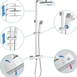 AICA Sanitaire Colonne de douche thermostatique avec pomme de tête, douchette et flexible, Carré, AICA