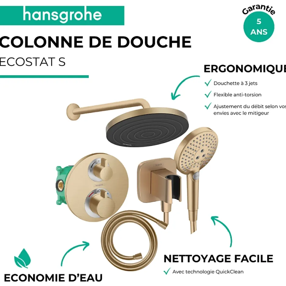 Hansgrohe Colonne de douche thermostatique Ecostat S Douche de tête Pulsify S Flexible Isiflex Douchette Raindance Select S bronze* Colonne De Douche Encastrable