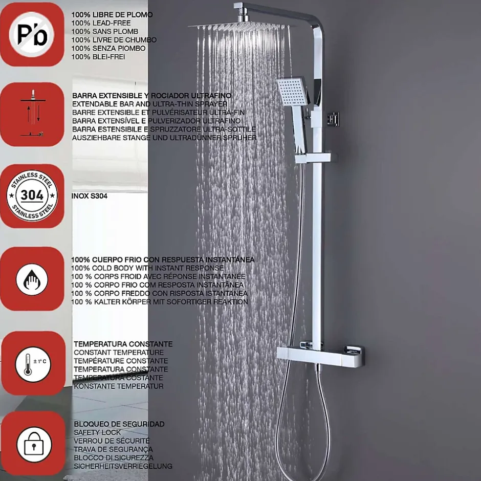 Poalgi Colonne de douche thermostatique avec barre extensible SKY BATH chromé Inox S304 série PARADISE