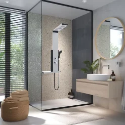 Valentin Colonne de douche thermostatique hydromassante avec tablette, pomme de tête, douchette et flexible, en aluminium anodisé gris, Dune