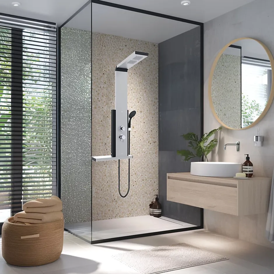 Valentin Colonne de douche thermostatique hydromassante avec tablette, pomme de tête, douchette et flexible, en aluminium anodisé gris, Dune