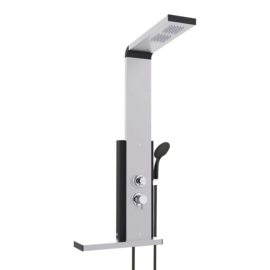 Valentin Colonne de douche thermostatique hydromassante avec tablette, pomme de tête, douchette et flexible, en aluminium anodisé gris, Dune