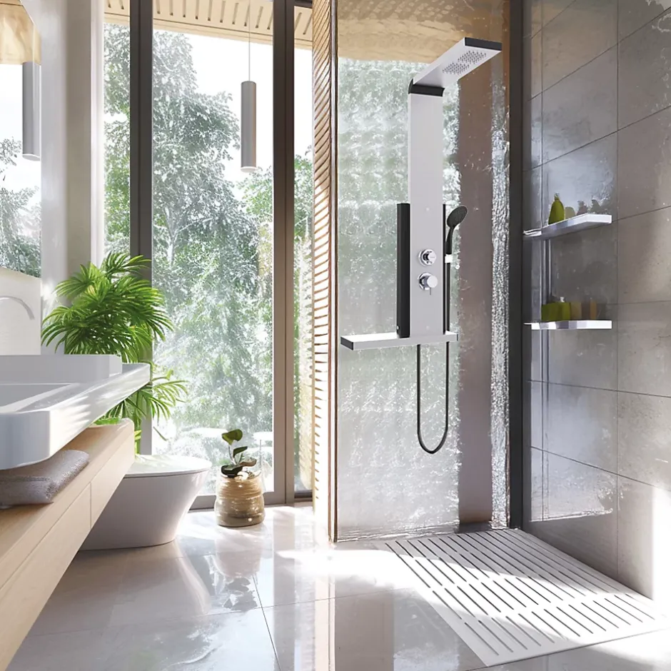 Valentin Colonne de douche thermostatique hydromassante avec tablette, pomme de tête, douchette et flexible, en aluminium anodisé gris, Dune