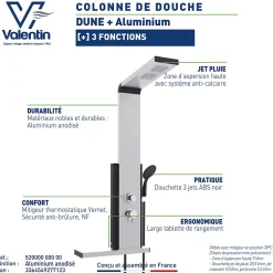 Valentin Colonne de douche thermostatique hydromassante avec tablette, pomme de tête, douchette et flexible, en aluminium anodisé gris, Dune