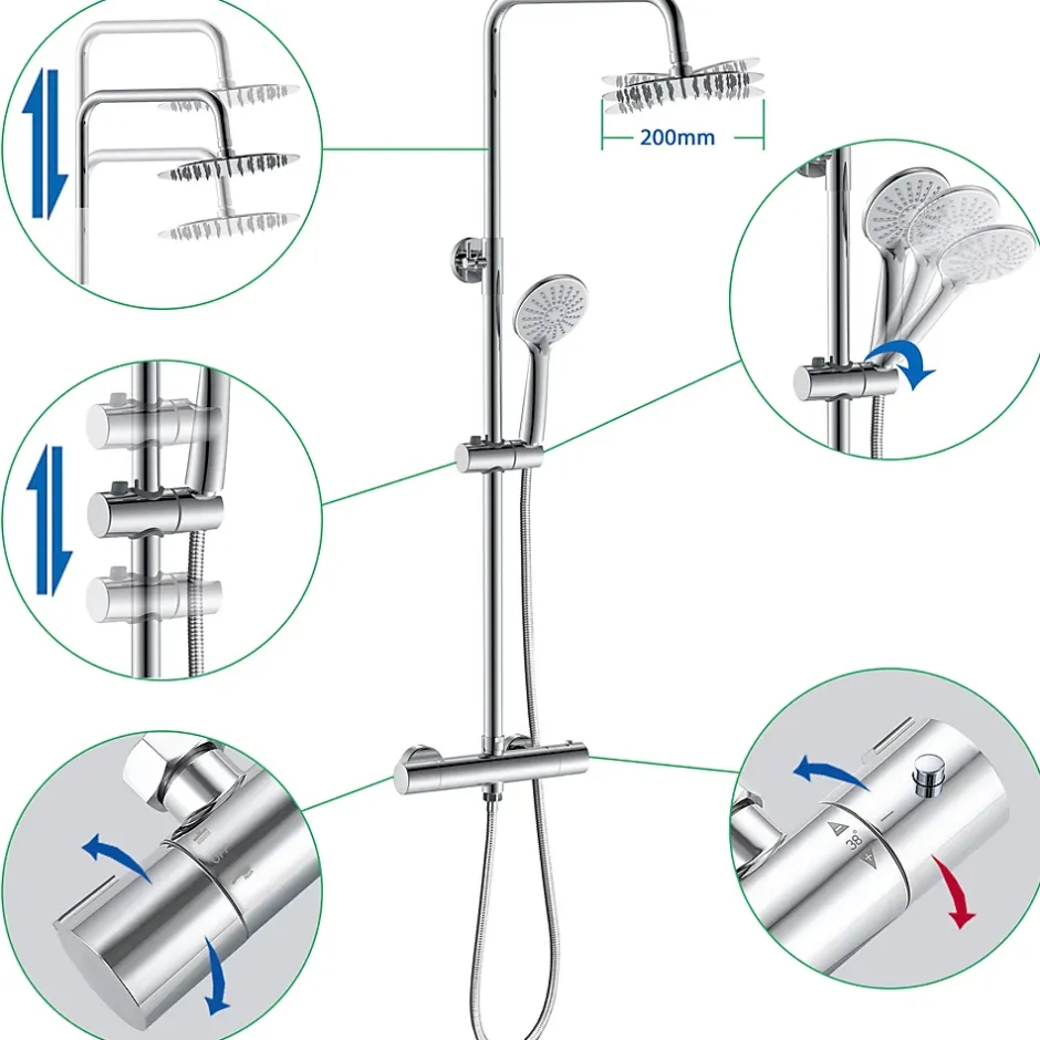 AICA Sanitaire Colonne de douche thermostatique avec pomme de tête, douchette et flexible, effet chromé,rond, AICA* Colonne De Douche Thermostatique