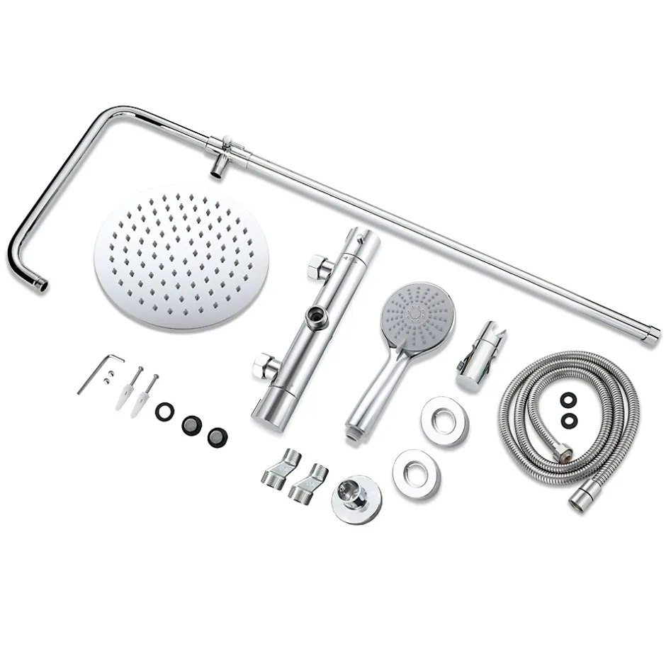AICA Sanitaire Colonne de douche thermostatique avec pomme de tête, douchette et flexible, effet chromé,rond, AICA* Colonne De Douche Thermostatique
