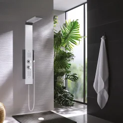 Valentin Colonne de douche thermostatique hydromassante multijets avec pomme de tête, douchette 1 jet et flexible, gris alu et noir, Dune