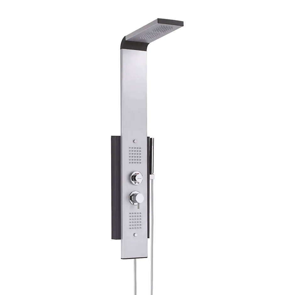 Valentin Colonne de douche thermostatique hydromassante multijets avec pomme de tête, douchette 1 jet et flexible, gris alu et noir, Dune