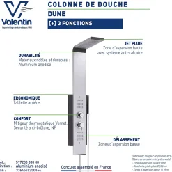 Valentin Colonne de douche thermostatique hydromassante multijets avec pomme de tête, douchette 1 jet et flexible, gris alu et noir, Dune