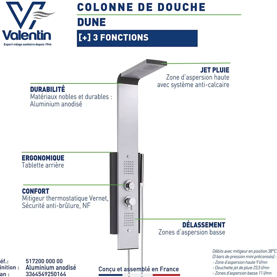Valentin Colonne de douche thermostatique hydromassante multijets avec pomme de tête, douchette 1 jet et flexible, gris alu et noir, Dune