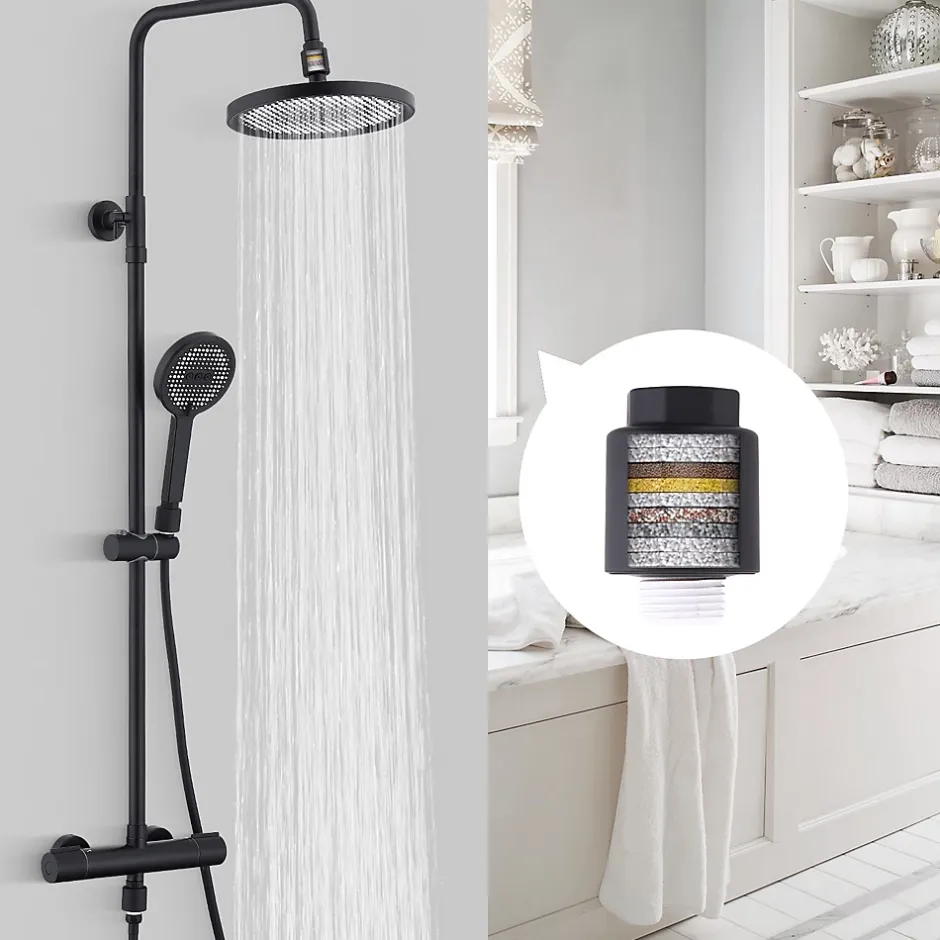 Homelody Colonne De Douche Thermostatique Securite 38C Jet Pluie Hauteur Reglable 1006 A 1206 mm Structure Inox Noire