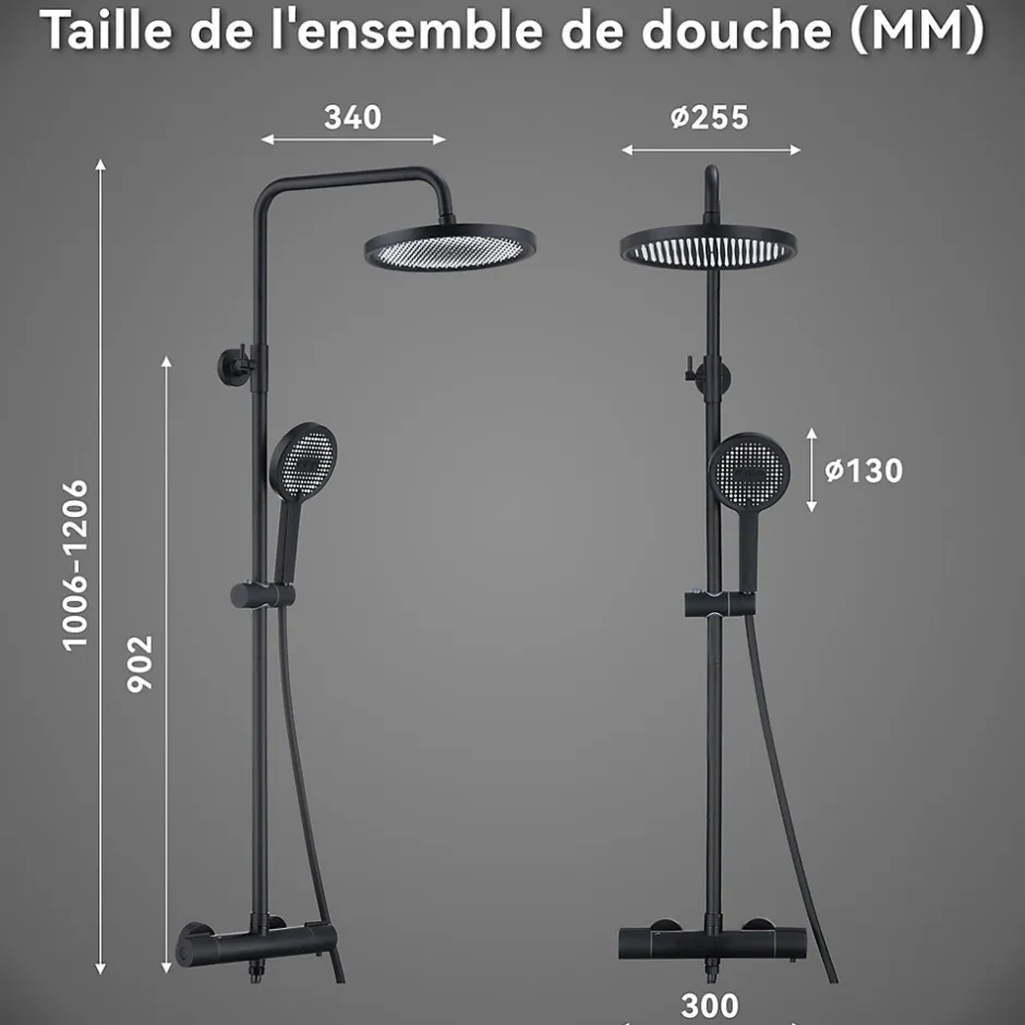 Homelody Colonne De Douche Thermostatique Securite 38C Jet Pluie Hauteur Reglable 1006 A 1206 mm Structure Inox Noire