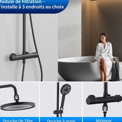 Homelody Colonne De Douche Thermostatique Securite 38C Jet Pluie Hauteur Reglable 1006 A 1206 mm Structure Inox Noire