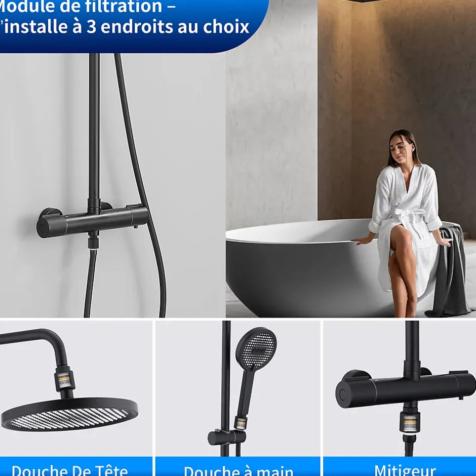 Homelody Colonne De Douche Thermostatique Securite 38C Jet Pluie Hauteur Reglable 1006 A 1206 mm Structure Inox Noire