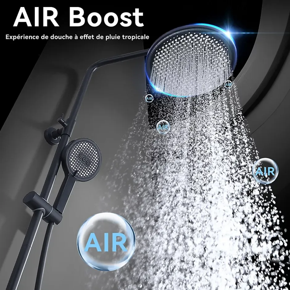 Homelody Colonne De Douche Thermostatique Securite 38C Jet Pluie Hauteur Reglable 1006 A 1206 mm Structure Inox Noire