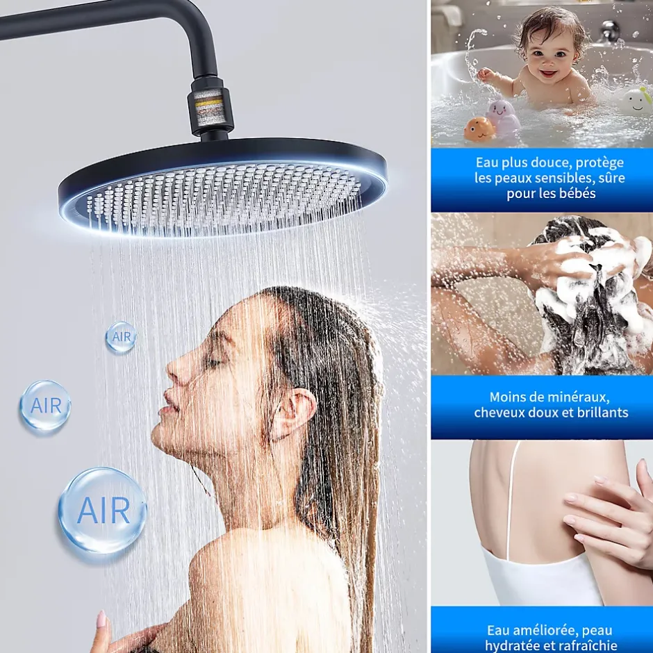 Homelody Colonne De Douche Thermostatique Securite 38C Jet Pluie Hauteur Reglable 1006 A 1206 mm Structure Inox Noire
