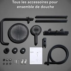 Homelody Colonne De Douche Thermostatique Securite 38C Jet Pluie Hauteur Reglable 1006 A 1206 mm Structure Inox Noire