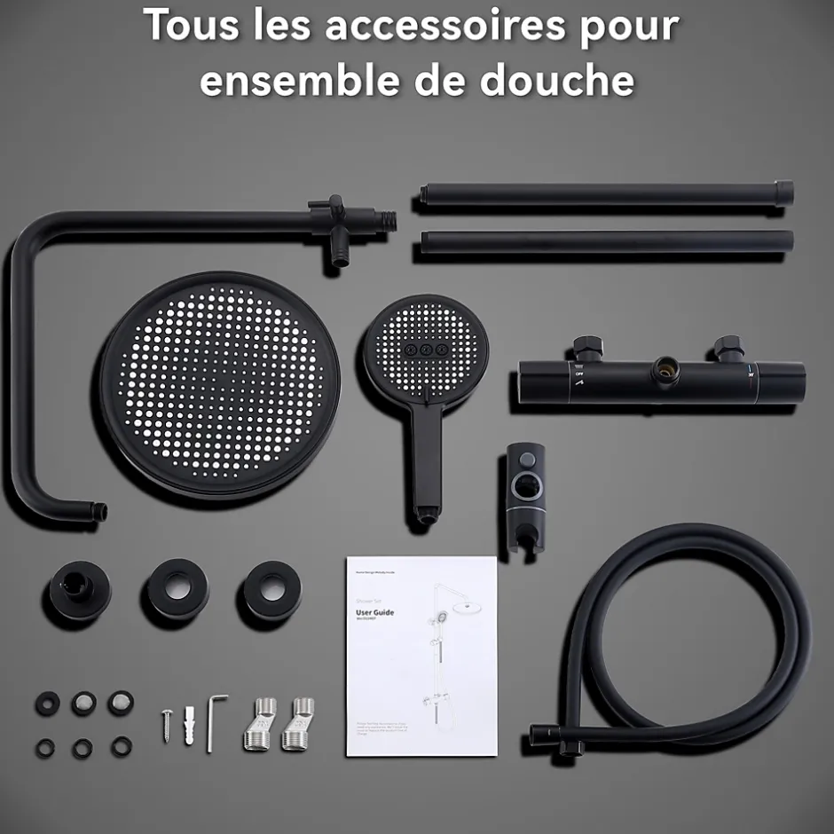 Homelody Colonne De Douche Thermostatique Securite 38C Jet Pluie Hauteur Reglable 1006 A 1206 mm Structure Inox Noire