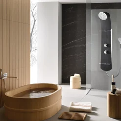 Valentin Colonne de douche thermostatique avec tablettes, pomme de tête, douchette et flexible, noir, Nautilus