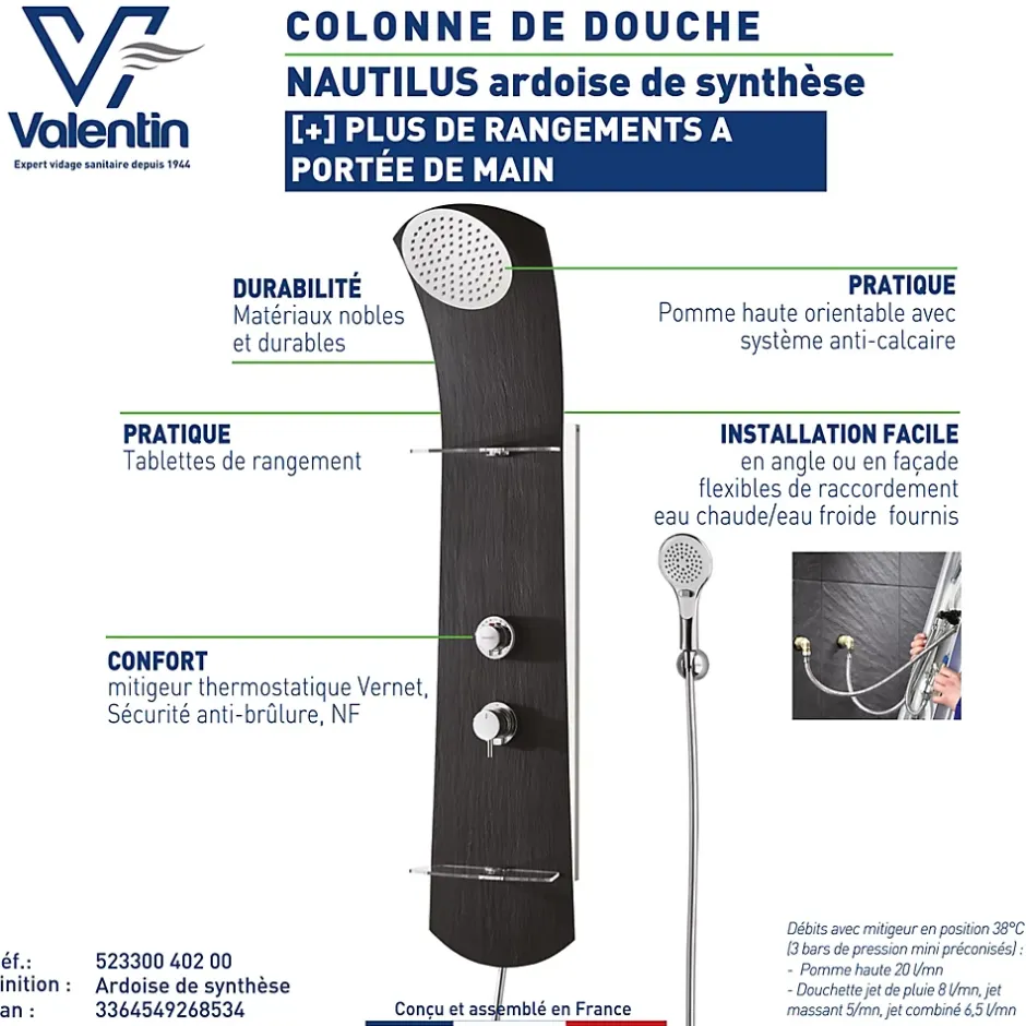 Valentin Colonne de douche thermostatique avec tablettes, pomme de tête, douchette et flexible, noir, Nautilus