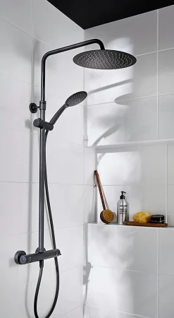 GoodHome Colonne de douche thermostatique avec pommeau + douchette 3 jets + flexible + barre réglable, noir mat, Weddell* Colonne De Douche Thermostatique