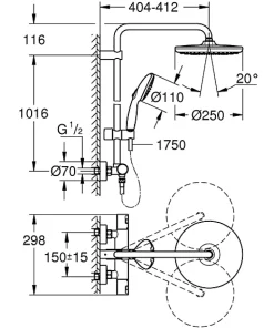 Grohe Colonne de douche thermostatique avec douchette + pommeau + flexible + barre, noir, Vitalio Start 250* Colonne De Douche Thermostatique