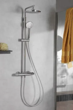 Jacob Delafon Colonne de douche thermostatique avec pommeau + douchette 1 jet + flexible + barre réglable, chromé, Marcel